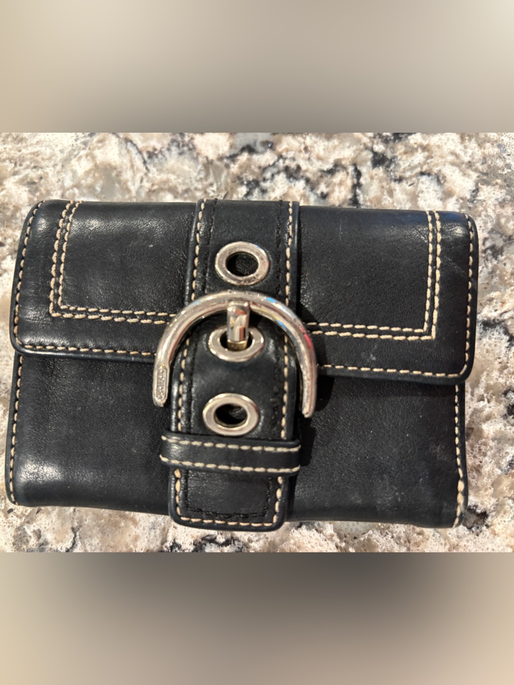 Coach Black Leather Buckle Wallet with Contrast Stitching